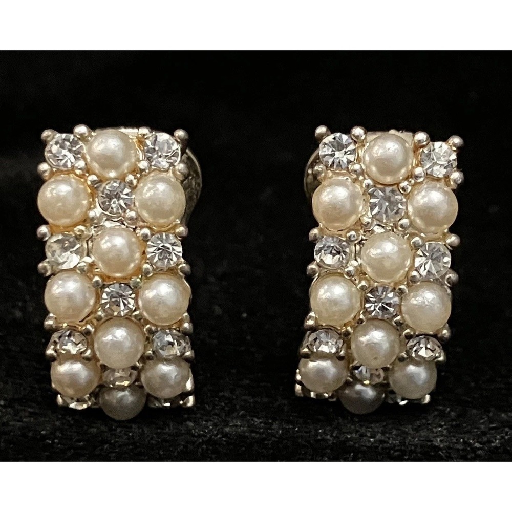 VTG Faux Pearl Crystal Rhinestone Half Hoop Clip On Earrings Gold Tone Bridal